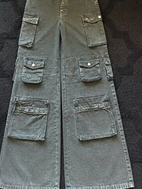 Fashion Nova High-Rise Cargo Wide Leg Jeans in Faded Olive